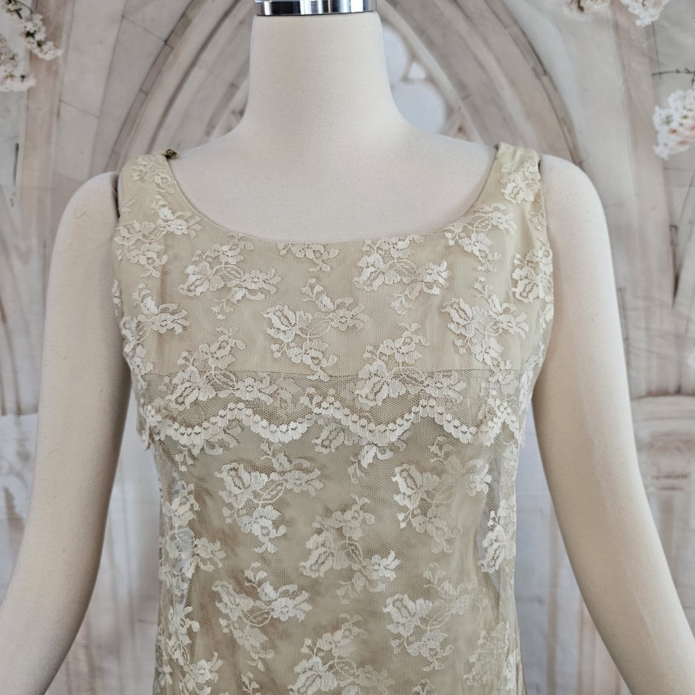 Vintage 1960's Dress Shift Beige Lace Overlay Empire Waist Mod Formal - Picture 3 of 14